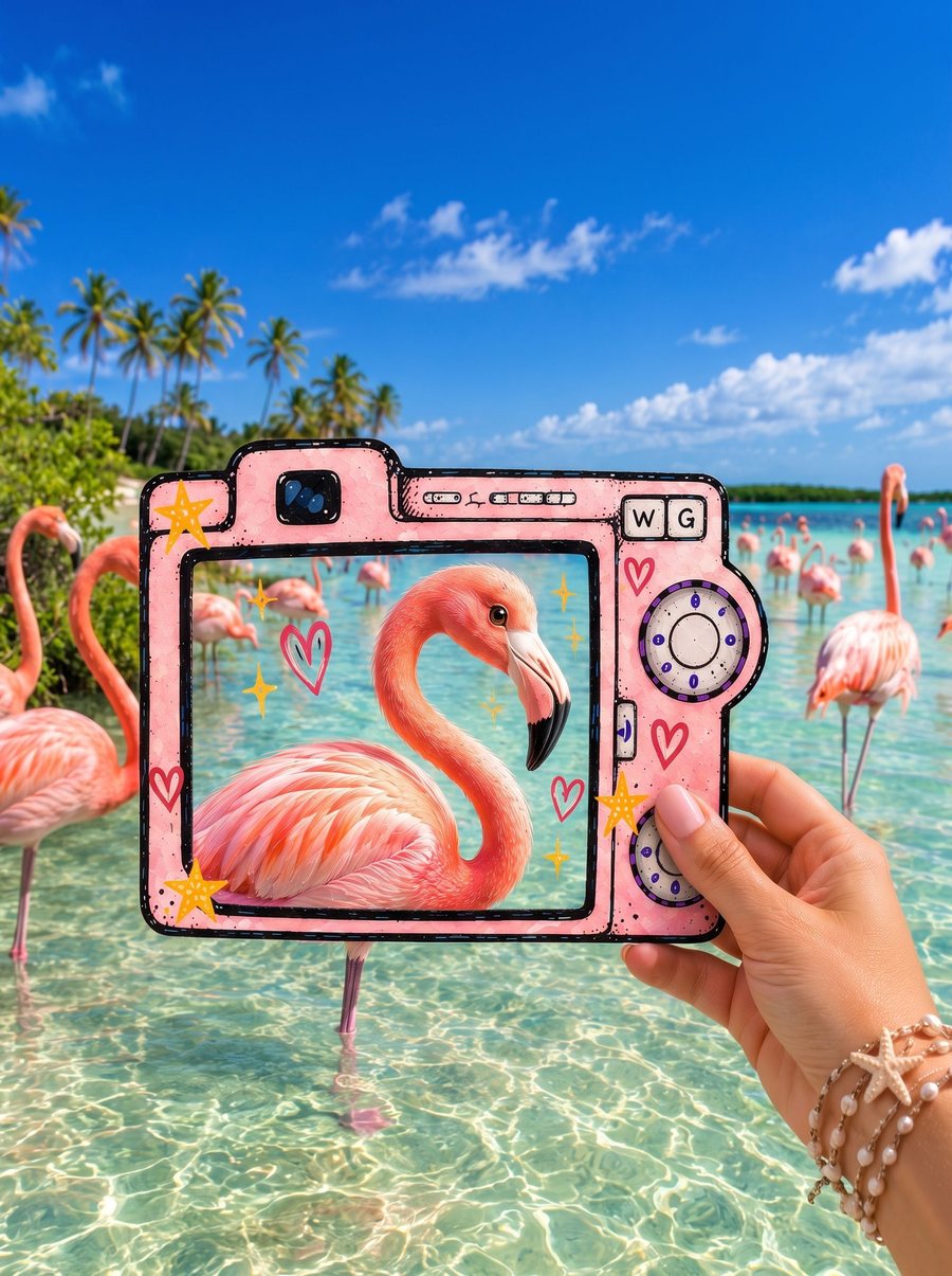 Picture Perfect Bild: rosa Papierkamera mit illustriertem Flamingo in der Karibik-Lagune