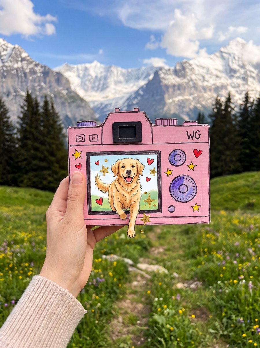 Picture Perfect Bild: rosa Papierkamera mit illustriertem Golden Retriever in den Alpen