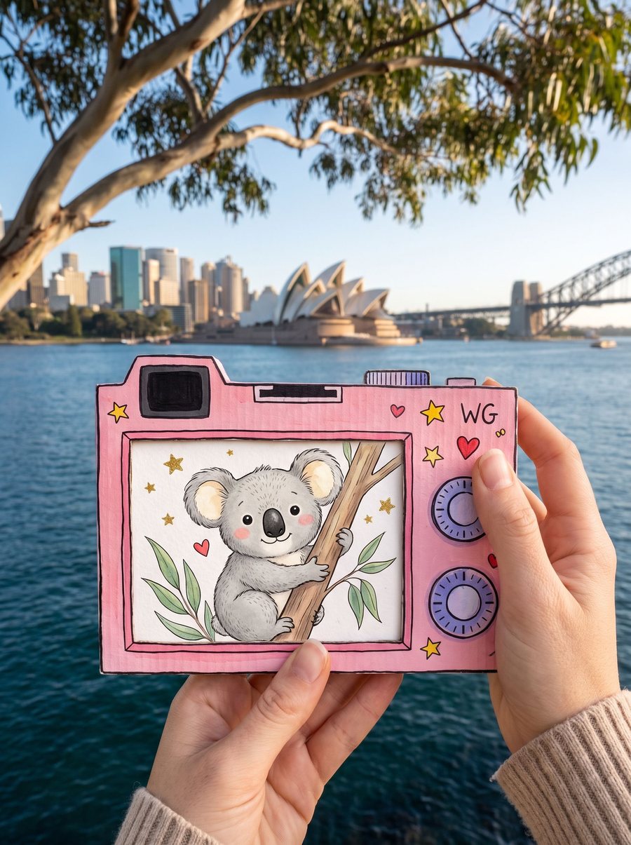 Picture Perfect Bild: rosa Papierkamera mit illustriertem Koala vor dem Sydney Opera House