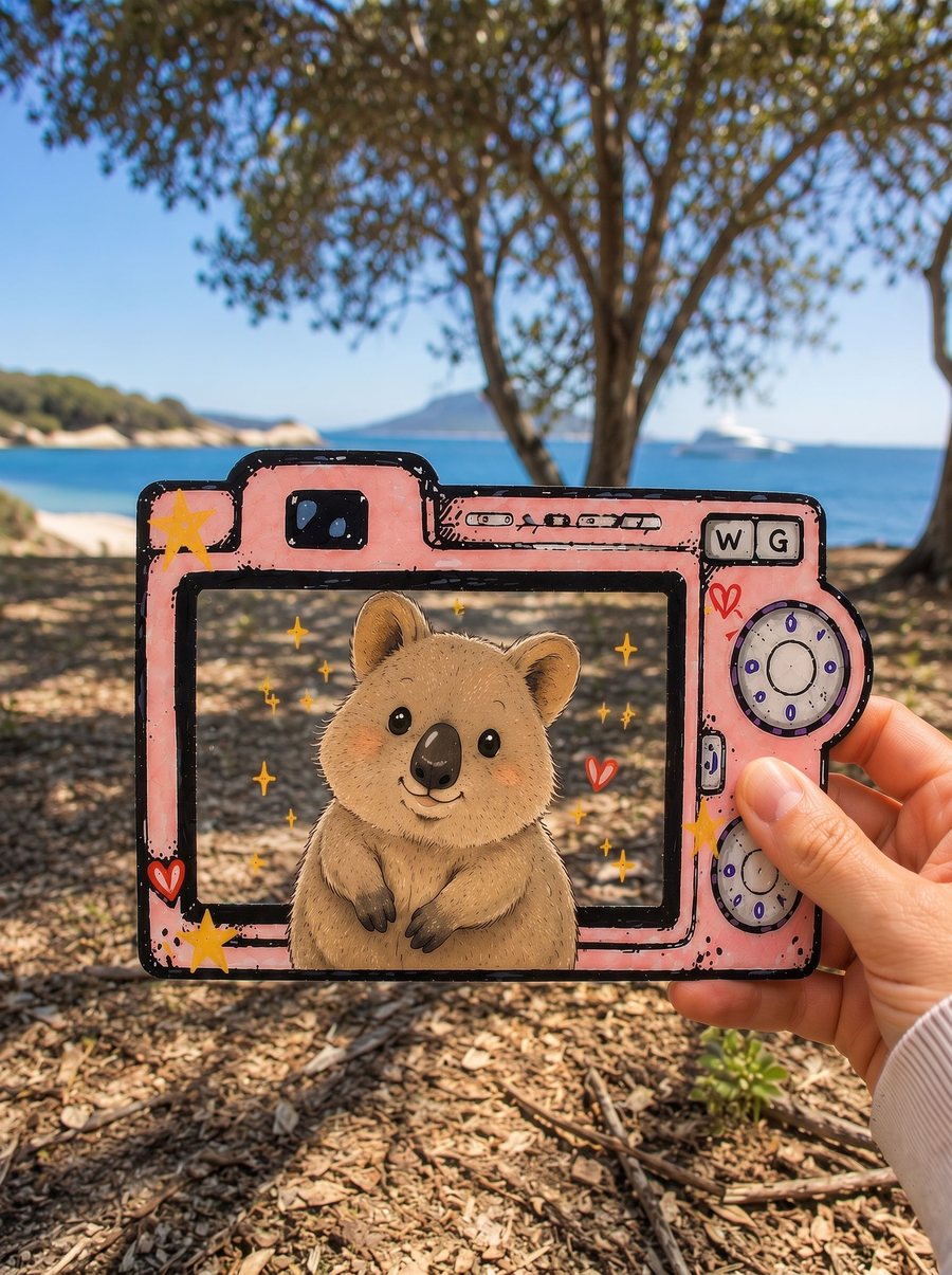 Picture Perfect Bild: rosa Papierkamera mit illustriertem Quokka an der australischen Küste
