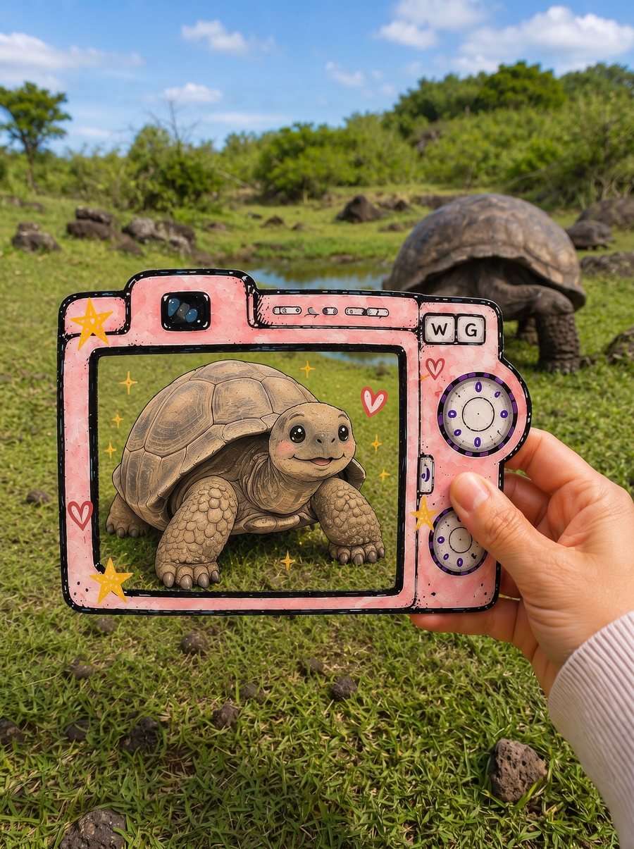Picture Perfect Bild: rosa Papierkamera mit illustrierter Riesenschildkröte auf Galápagos