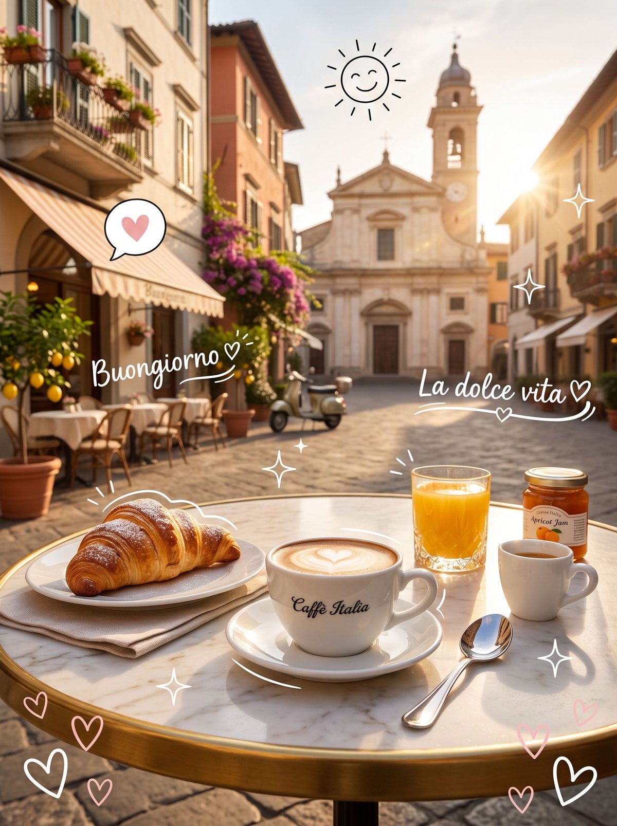 Postcard Prompt Beispiel Italien: Cornetto und Cappuccino auf einer Piazza