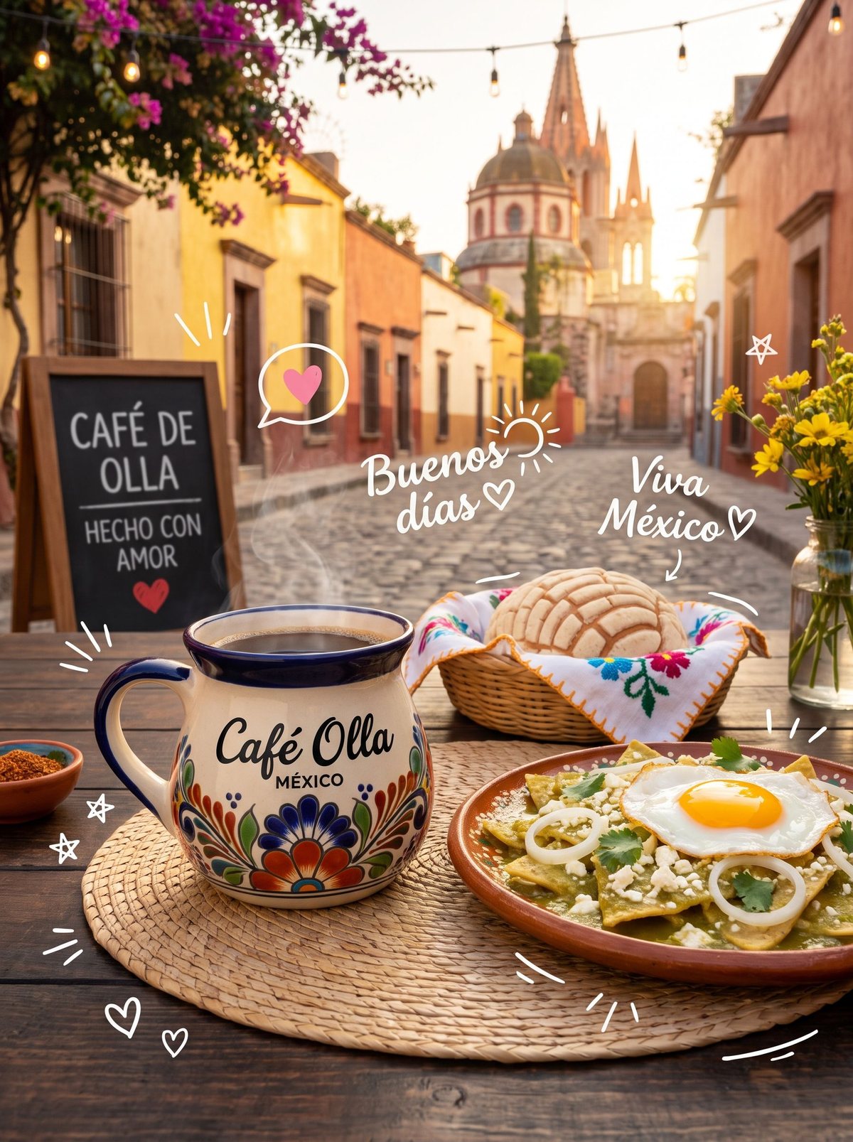Postcard Prompt Beispiel Mexiko: Café de Olla und Chilaquiles in einer bunten Kolonialstadt