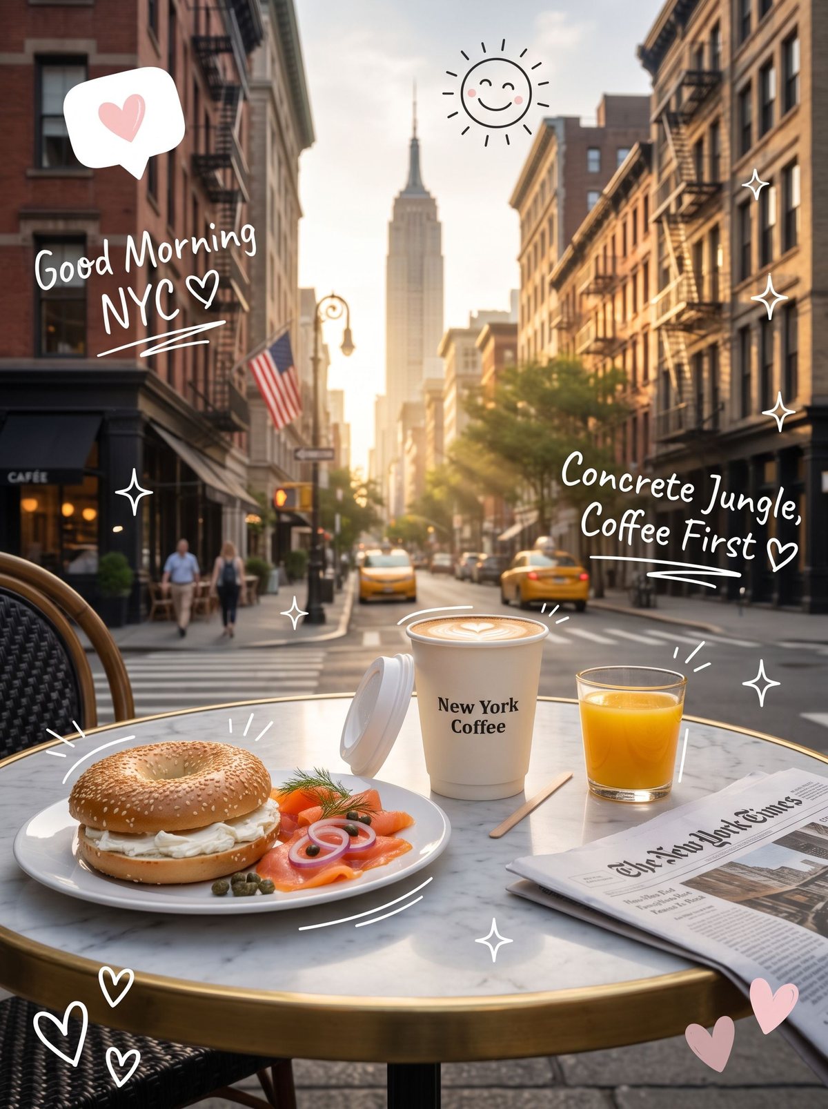 Postcard Prompt Beispiel New York: Bagel-Frühstück in SoHo mit Empire State Building