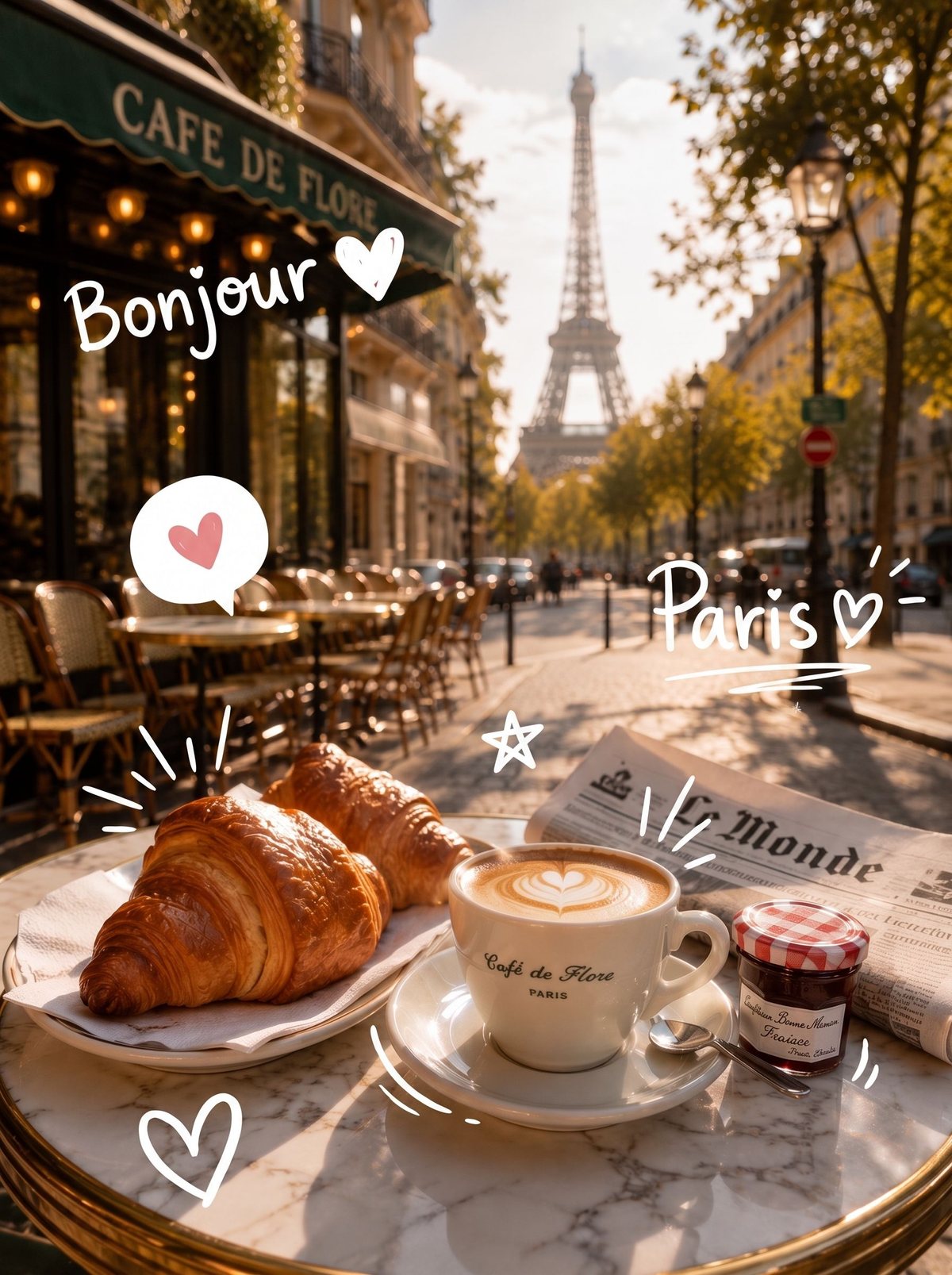 Postcard Prompt Beispiel Paris: Croissant-Frühstück am Café de Flore mit Eiffelturm