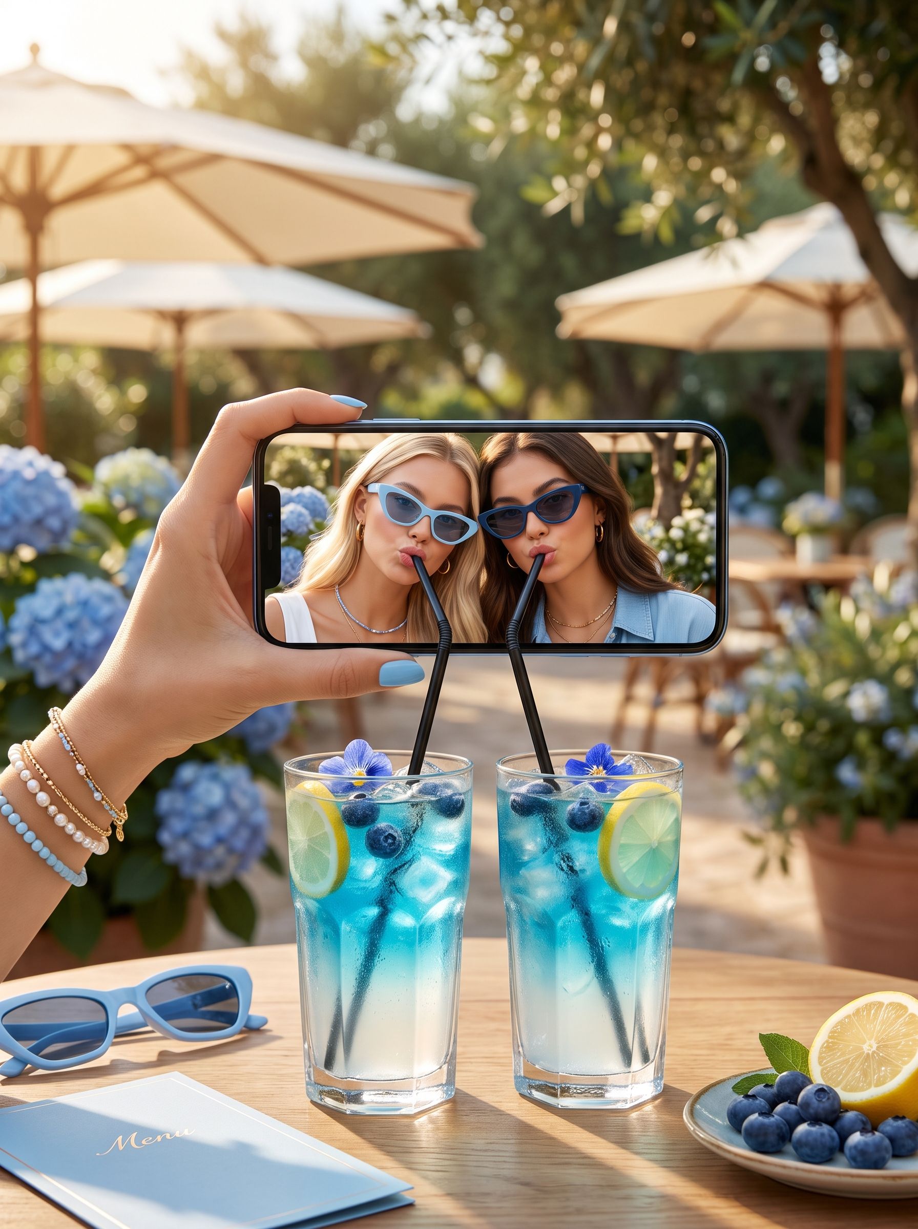 Summer Drink Pic: Blue Lagoon Lemonade in Himmelblau mit Hortensien und Smartphone über den Gläsern