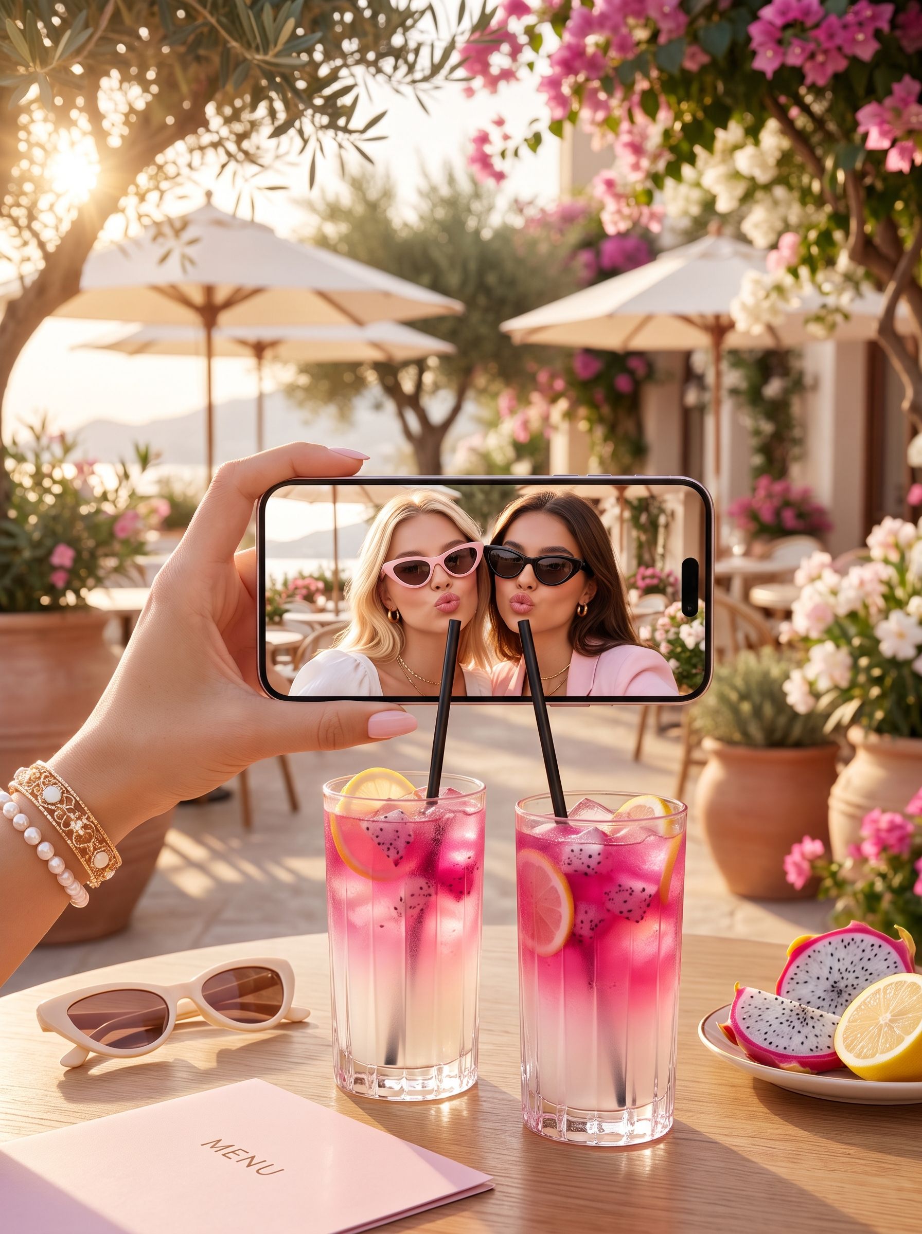 Summer Drink Pic: Dragon Fruit Lemonade in Pink mit Bougainvillea und Sonnenuntergang