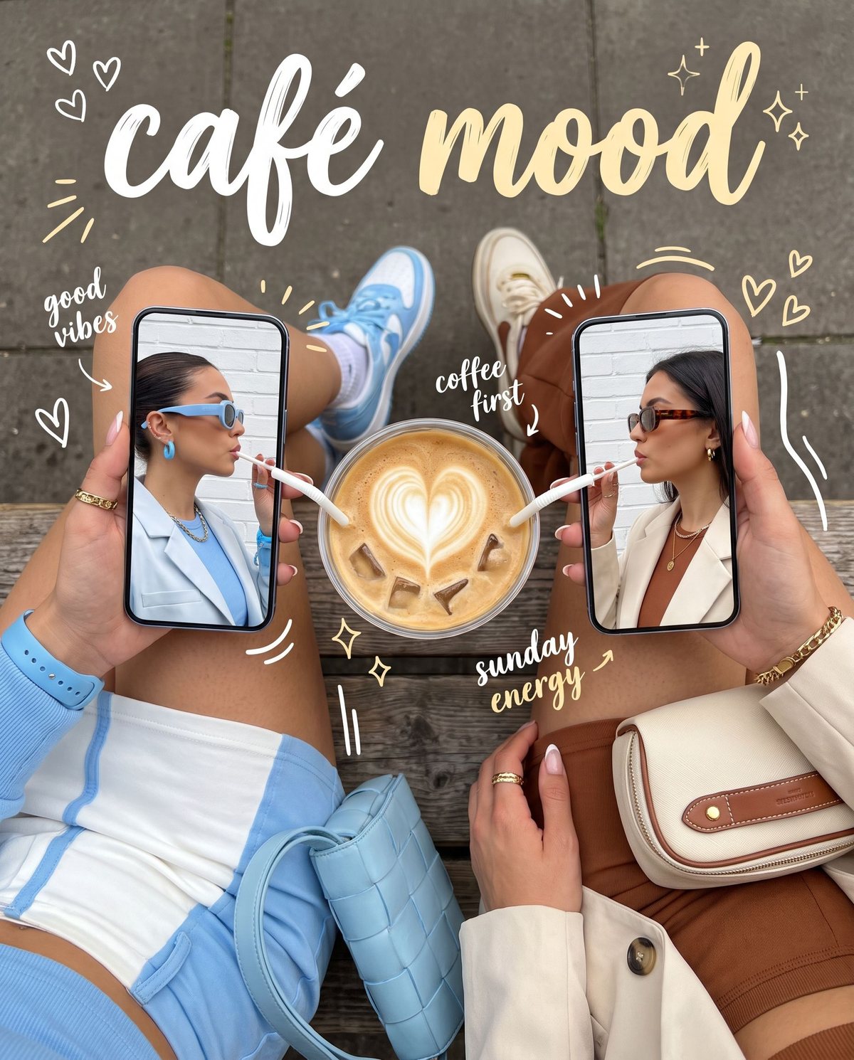 Summer Reverse Pic: zwei Freundinnen von oben mit Eiskaffee, Smartphone-Profilen und café mood Doodles
