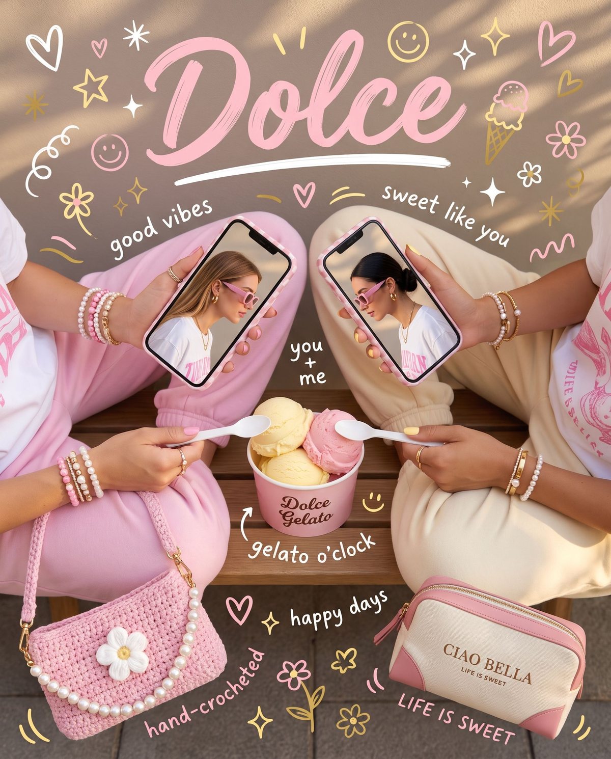 Summer Reverse Pic: Dolce Gelato Motiv in Pastellrosa und Creme mit Doodles
