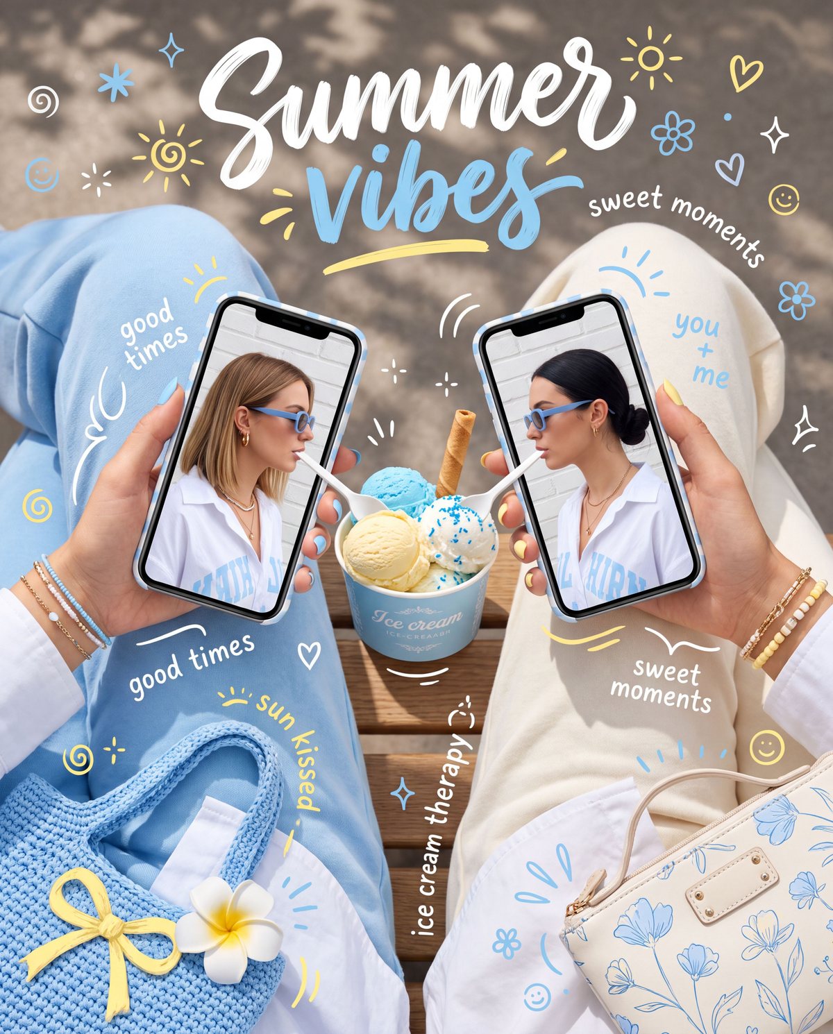Summer Reverse Pic: Summer vibes Motiv mit Eisbecher in Hellblau und Buttergelb und Doodles