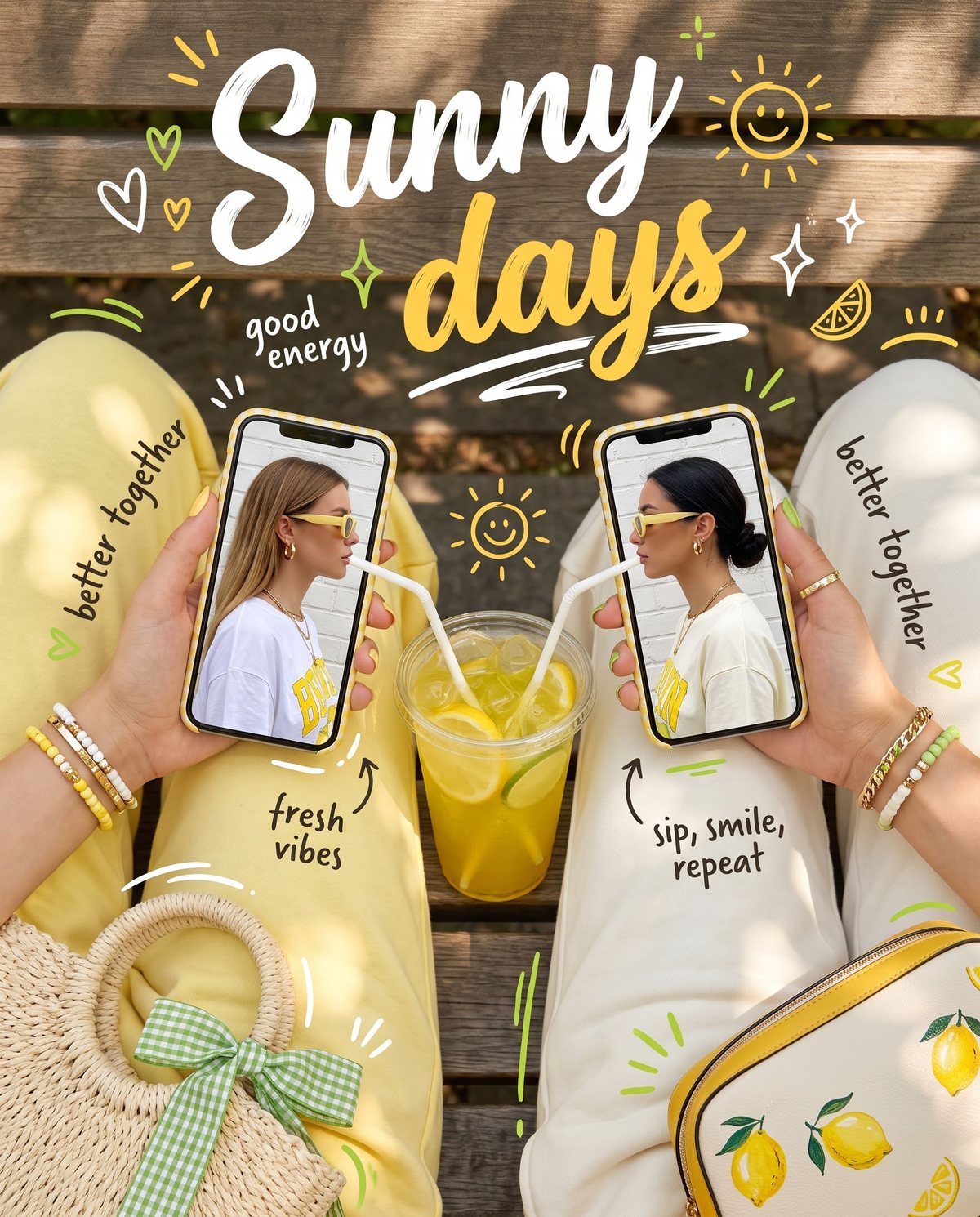 Summer Reverse Pic: Sunny days Motiv mit Zitronen-Drink, gelben Outfits und Doodles
